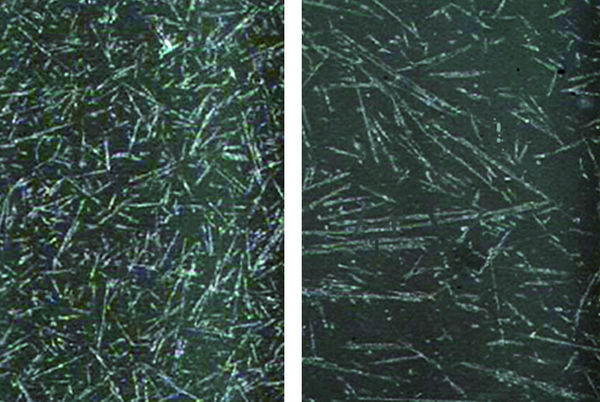 2 Vista al microscopio di un provino stampato con polimero caricato con fibre lunghe (a destra) e corte (a sinistra)