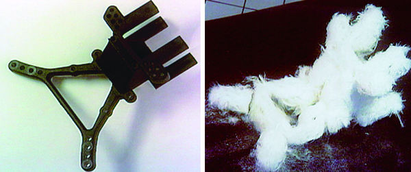 3 La presenza delle fibre lunghe nel manufatto stampato a iniezione (a sinistra) permette la formazione di una struttura autoportante che rimane tale anche dopo aver posizionato il pezzo in un forno e fuso il polimero (a destra)