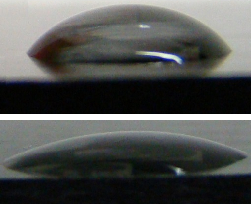 3 Bagnabilità del materiale non trattato (a, in alto) e del materiale trattato al plasma (b, in basso)